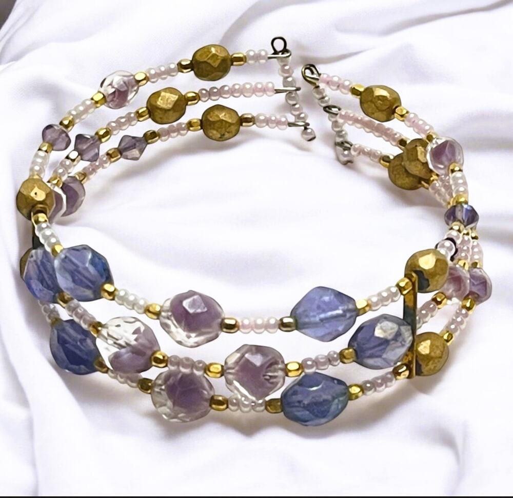 Vintage Boho (3) Strand Coiled Glass & Gemstone Beads, Gold Accent Wrap Bracelet